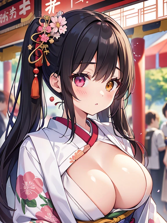 (masterpiece, top quality, super high quality, super high detail, beautiful hair, beautiful eyes, perfect face), Japanese festival scene, crowded fair, short twintails hair, black hair, very baby face, droopy eyes, heterochromia, pink eye, orange eye, very huge breasts, 145cm tall girl with bandages around her breasts. bandage wrapped around her chest, wearing a Japanese kimono patterned jacket over it and a very small, white loincloth.