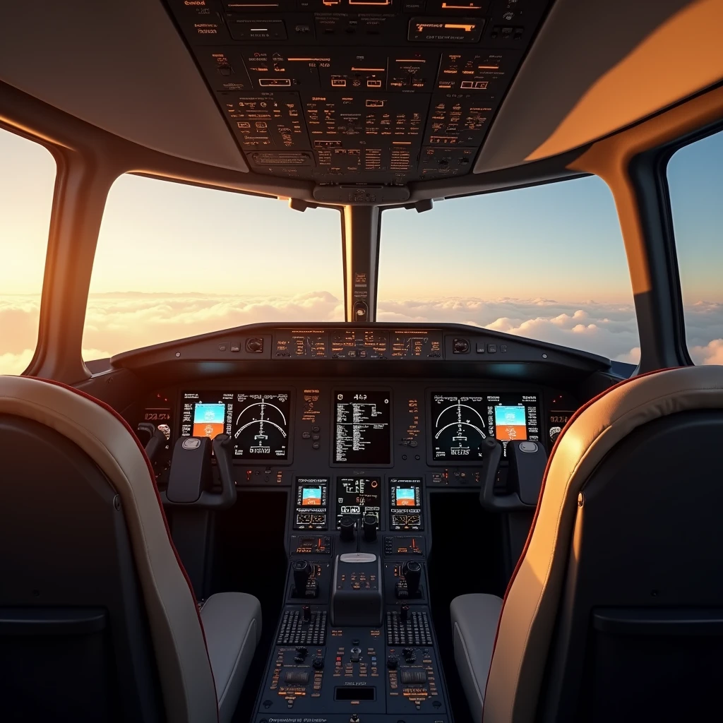 In the cockpit of the aircraft,,Each seat has a screen on the headrest,Real Effects,No passengers,Can see out the window and back of the seat,Afternoon Effect,Rotate the camera 45 degrees