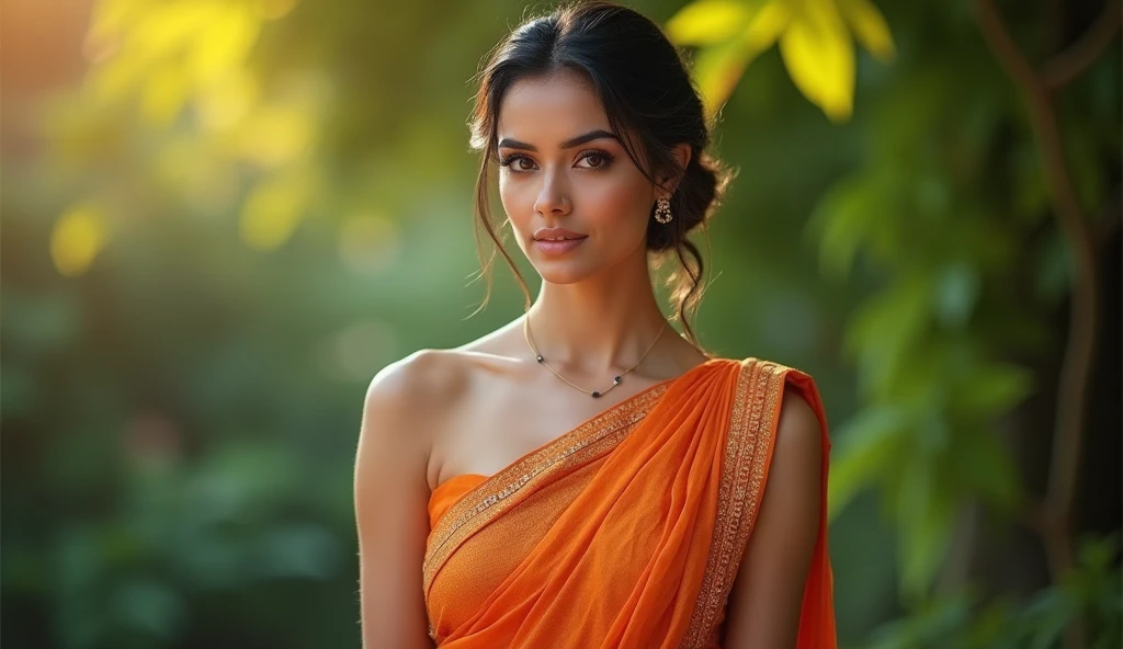 "Create an image of a confident, elegant Indian woman with a fair complexion, featuring a stylish sleeveless saree showing beautiful armpits tying hair. The woman should have an engaging and sexualy appealing, showing lucrative brests cleavage,presence."