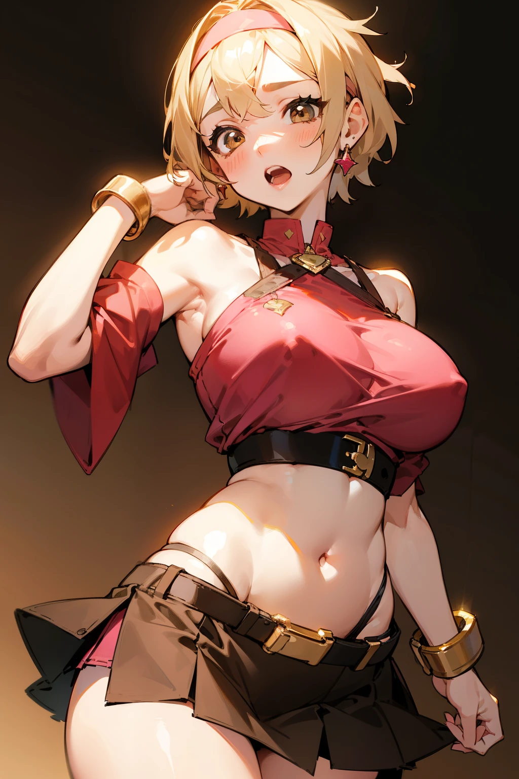 Cute girl, short blonde hair, light brown eyes, red cheeks, open mouth, jewel earring, headband, golden handcuffs decorated with beautiful and simple decoration, big breasts, black belt, short pink ripped skirt, sexy features, exposed belly, bare shoulders