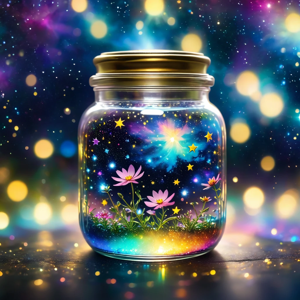 Close-up of glass jar, Starry sky in a jar, miniature cosmos, Twinkling stars, Colorful Nebula, galaxy, Cosmic dust, Glass reflection, Surface distortion, Background starry sky, Compared, depth, magic, Ethereal Light, Ultra Detailed, Dark background, Paradise beauty, Macro Photography