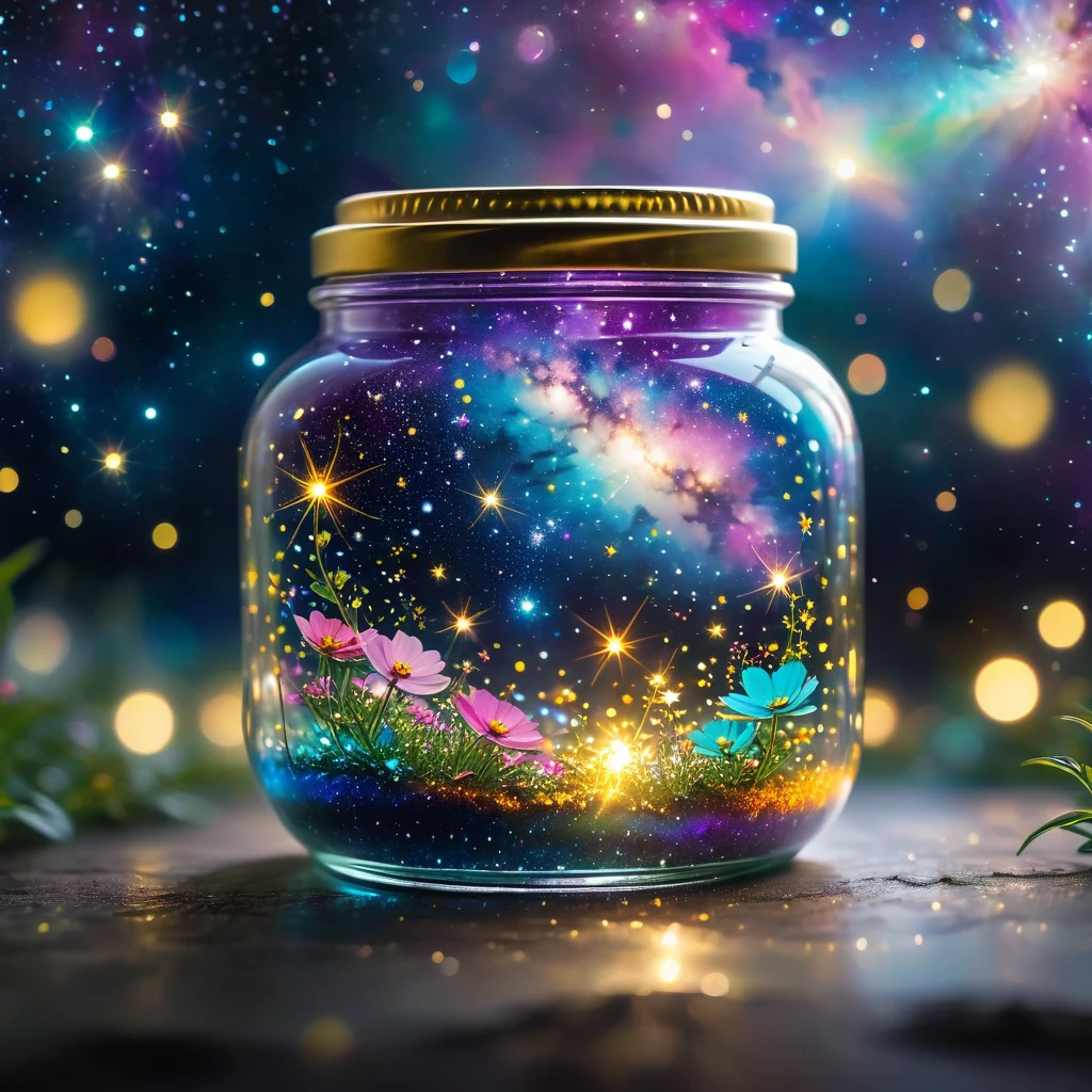 Close-up of glass jar, Starry sky in a jar, miniature cosmos, Twinkling stars, Colorful Nebula, galaxy, Cosmic dust, Glass reflection, Surface distortion, Background starry sky, Compared, depth, magic, Ethereal Light, Ultra Detailed, Dark background, Paradise beauty, Macro Photography