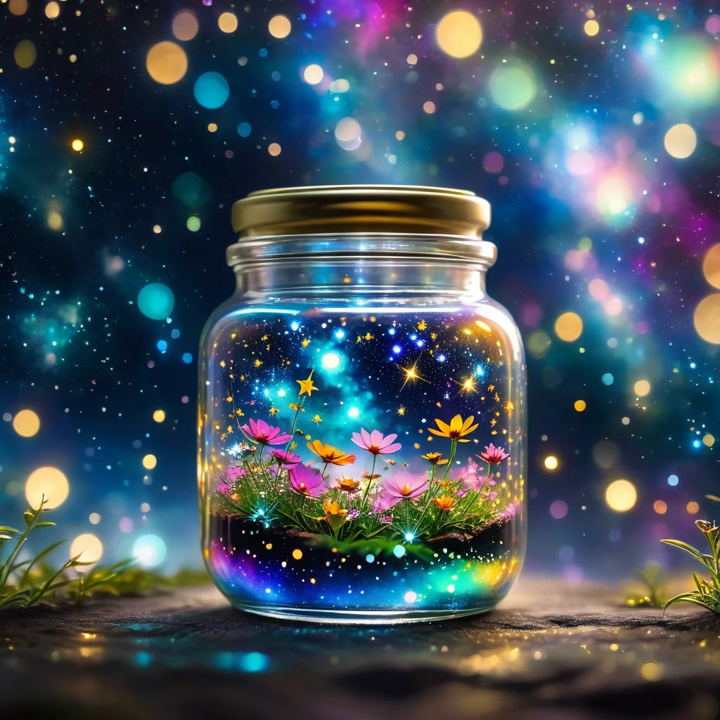 Close-up of glass jar, Starry sky in a jar, miniature cosmos, Twinkling stars, Colorful Nebula, galaxy, Cosmic dust, Glass reflection, Surface distortion, Background starry sky, Compared, depth, magic, Ethereal Light, Ultra Detailed, Dark background, Paradise beauty, Macro Photography