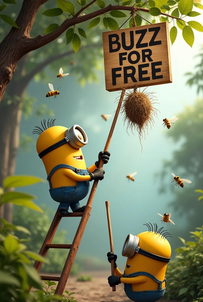 A Minion (Kevin) with a long stick in his hand is standing on a long ladder held by Minion (Bob). With the stick he is hitting a very large wasp nest hanging from a branch, around which numerous hornets are buzzing. A large sign with the inscription "BUZZ FOR FREE" is hanging on the tree.