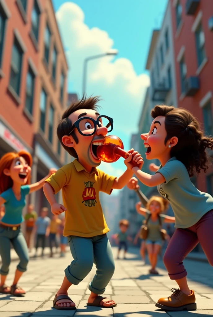 Create 3d animation style a stupid looking man drinking liquor in the background and two woman fighting on the street