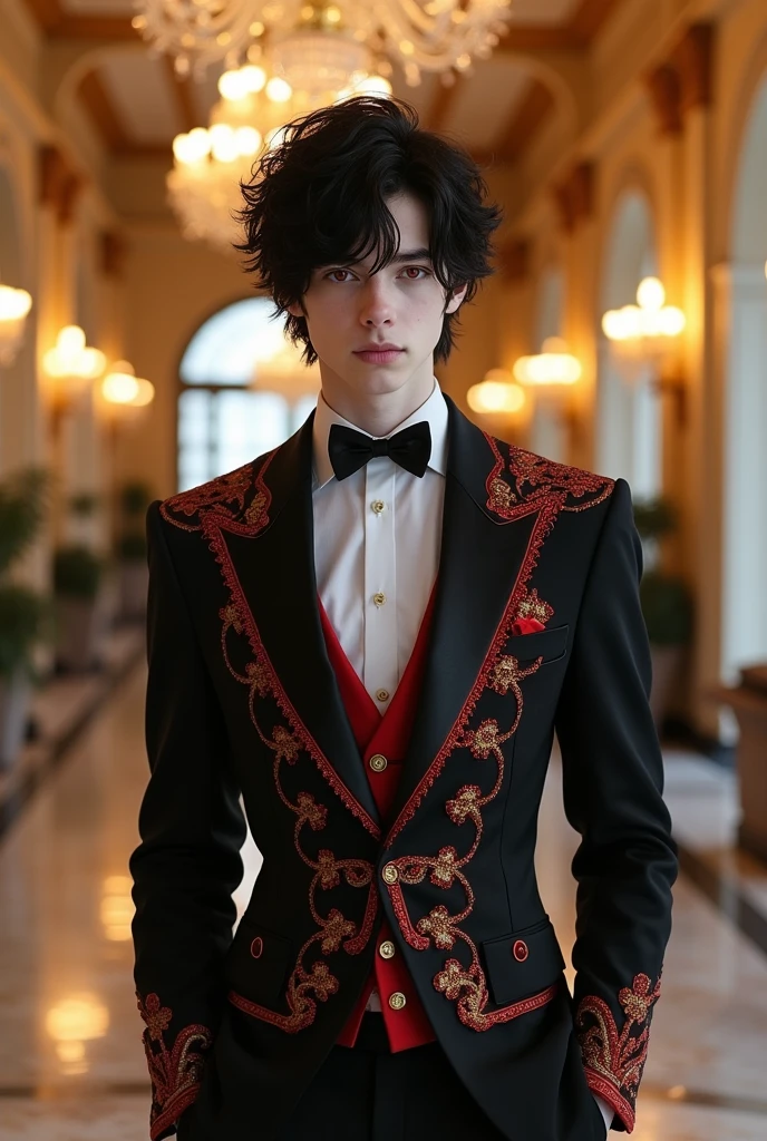 20 year old boy with pale white skin, red eyes
,black hair Wearing an elegant suit ,Without a tie,with red and gold details
