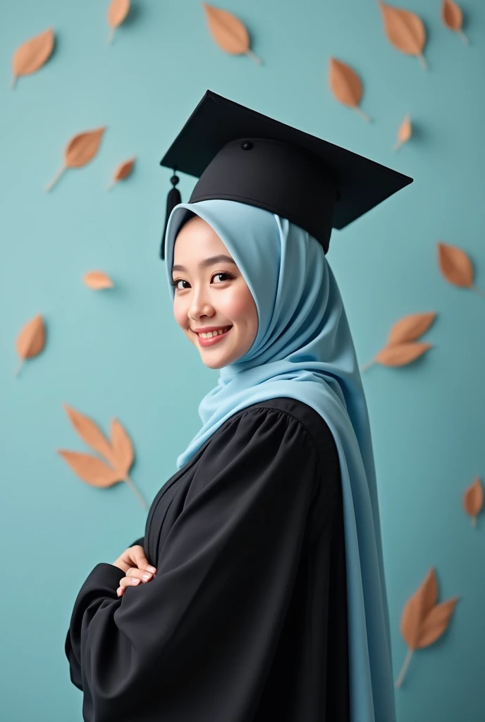 Consept art photography, fan art photography, a women, wearing hijab, pastel brown hijab, wearing black graduation hat, Wearing black graduation gown, wearing pastel blue graduation hood, cute pose, pastel brown theme background, forest background, pastel brown forest background, leaf effect, pastel brown leaf effect, pastel brown lighting effect, volumetric lighting, bokeh, bright results, perfect pose, kawaii design theme