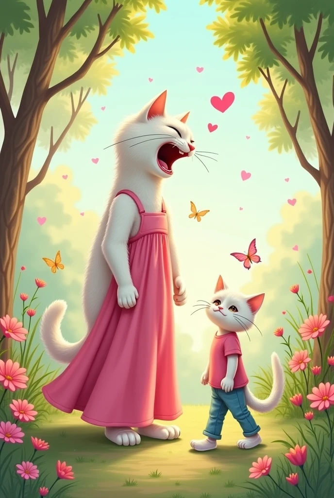 An angry big white cat dressed in pink large Maxie is shouting at a sad little white cat dressed in pink shirt and blue jeans 