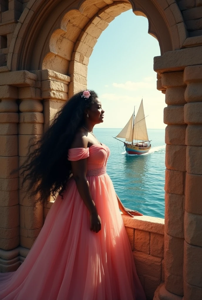 A fat African princess, black skin, white eyes, long hair, very beautiful, in an ancient European castle, looking out to the sea, there is a junk, sailing. She is happy, wearing a pink princess dress, her hand on the window sill.