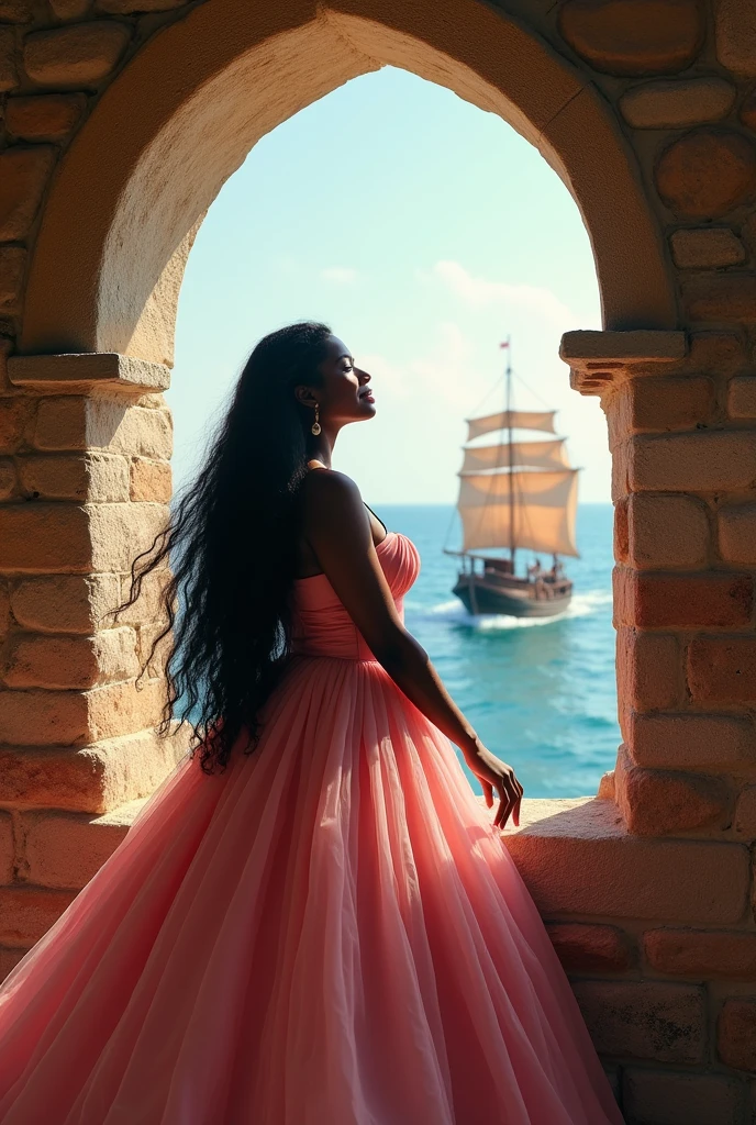 A fat African princess, black skin, white eyes, long hair, very beautiful, in an ancient European castle, looking out to the sea, there is a junk, sailing. She is happy, wearing a pink princess dress, her hand on the window sill.