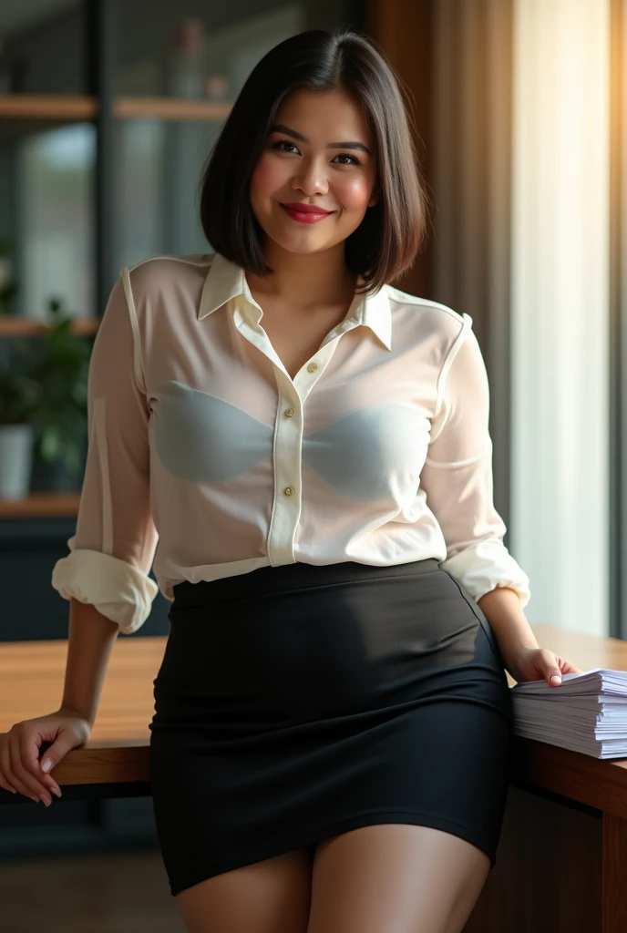 A 35 years old chubby indonesian woman with big breasts, big belly, bob cut hair style, wear sheer and tight semi formal shirt with opened button, black mini skirt, sexy sensual and seductive expression and pose, holding some document, on the desk in the office, realistic photography, natural light, look at the viewer,