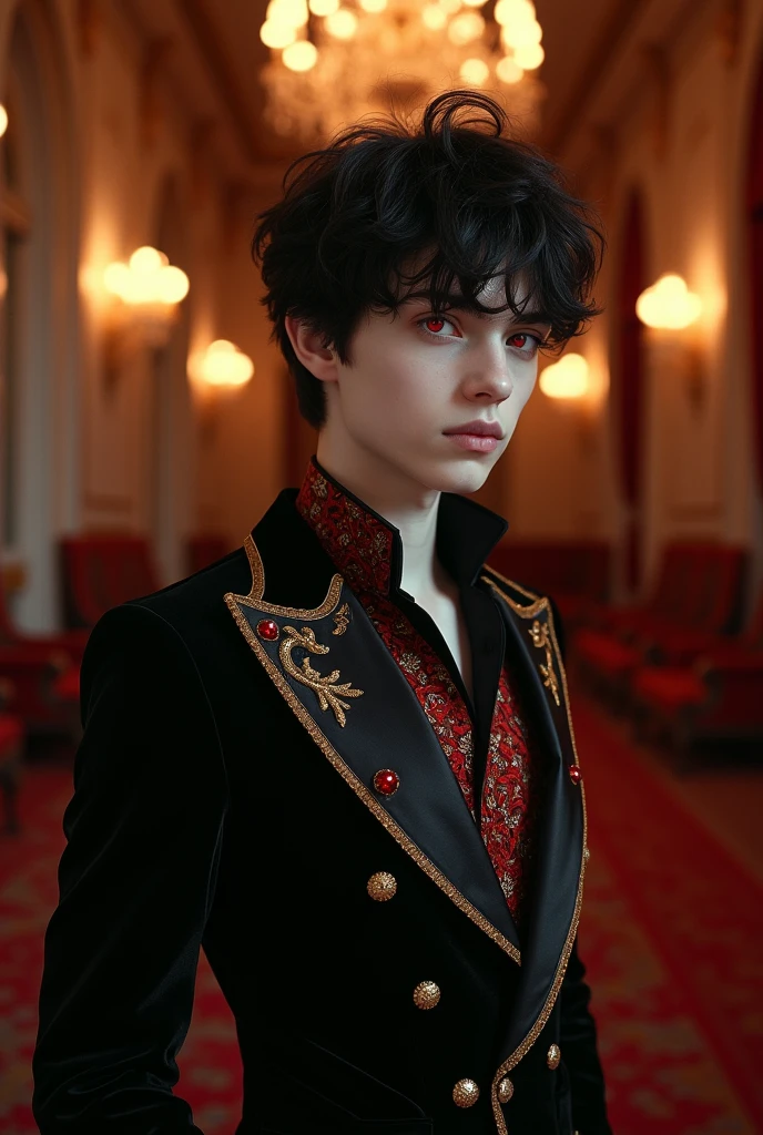 20 year old boy with pale white skin, red eyes
,black hair Wearing an elegant suit ,Without a tie,with red and gold details