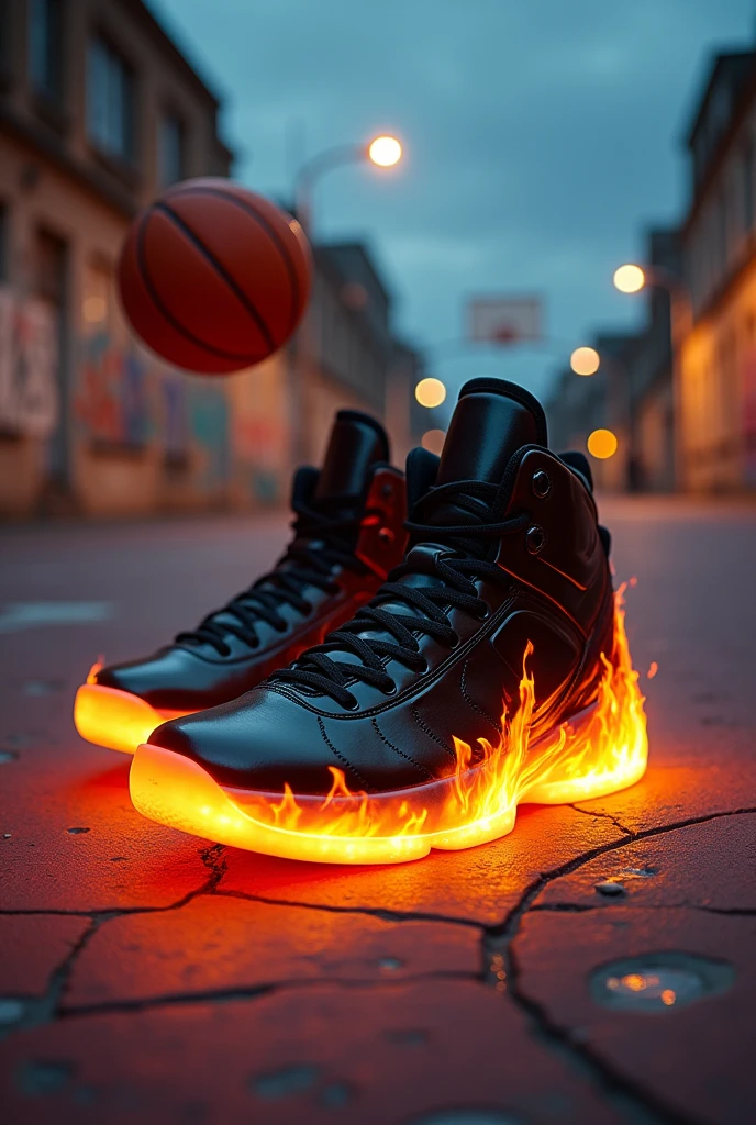 Shoes with fire on the outsole with basketball