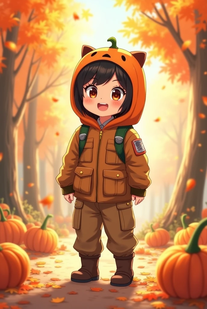 Brown combat uniform　Child　cute　　anime　I don't wear a hat　Wearing a pumpkin