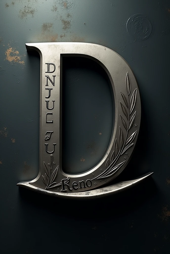 Metallic symbol D written Dunju Reno on top of bottom it 3D