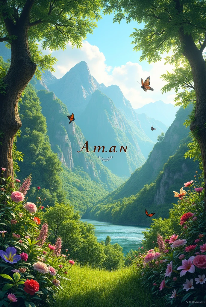 A serene and vibrant nature scene featuring lush greenery, with trees and mountains in the background. Flowers bloom in abundance, with butterflies fluttering around and beautiful birds perched on branches. Amidst this natural beauty, the name 'Aman' is written in a stylish and elegant font, blending harmoniously with the verdant surroundings.