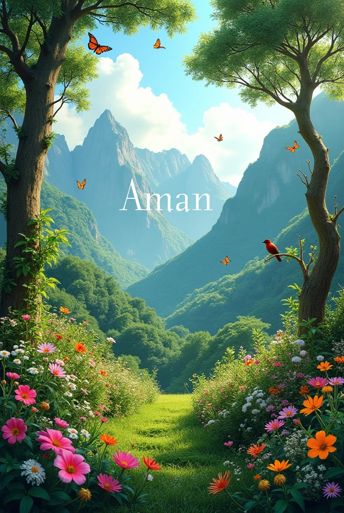 A serene and vibrant nature scene featuring lush greenery, with trees and mountains in the background. Flowers bloom in abundance, with butterflies fluttering around and beautiful birds perched on branches. Amidst this natural beauty, the name 'Aman' is written in a stylish and elegant font, blending harmoniously with the verdant surroundings.