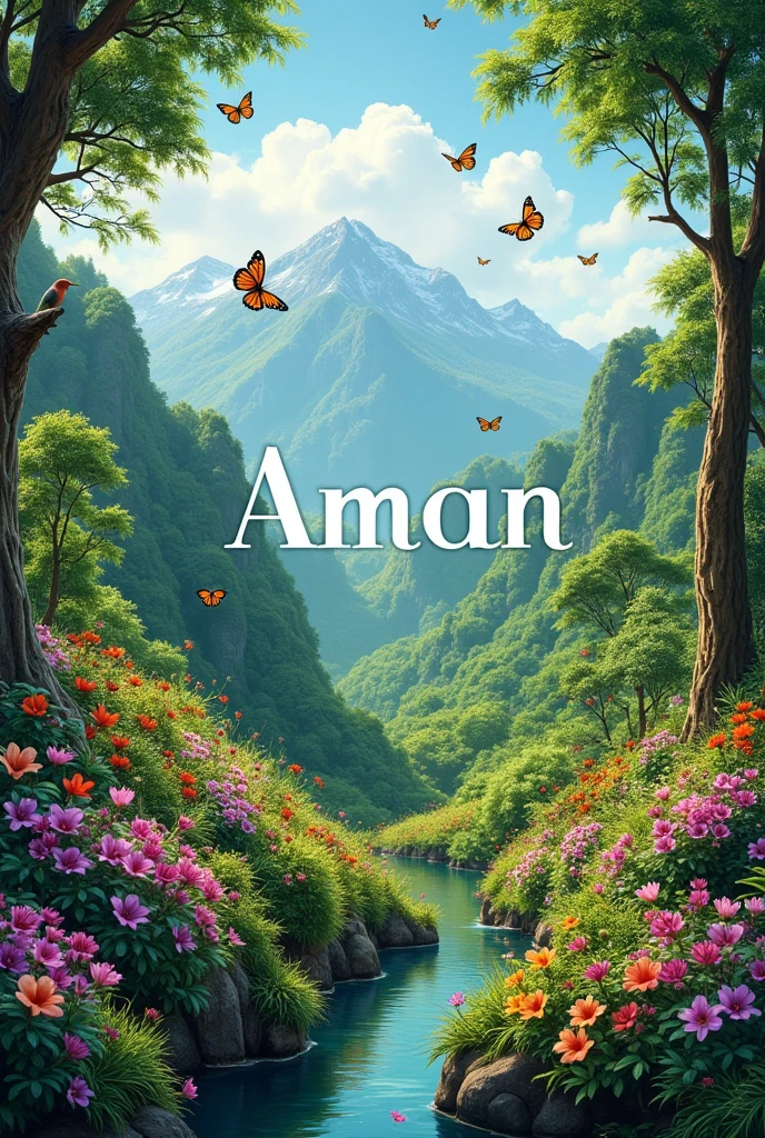 A serene and vibrant nature scene featuring lush greenery, with trees and mountains in the background. Flowers bloom in abundance, with butterflies fluttering around and beautiful birds perched on branches. Amidst this natural beauty, the name 'Aman' is written in a stylish and elegant font, blending harmoniously with the verdant surroundings.