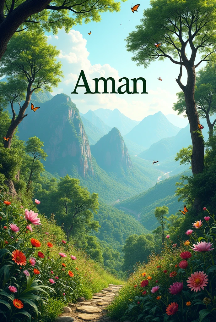 A serene and vibrant nature scene featuring lush greenery, with trees and mountains in the background. Flowers bloom in abundance, with butterflies fluttering around and beautiful birds perched on branches. Amidst this natural beauty, the name 'Aman' is written in a stylish and elegant font, blending harmoniously with the verdant surroundings.