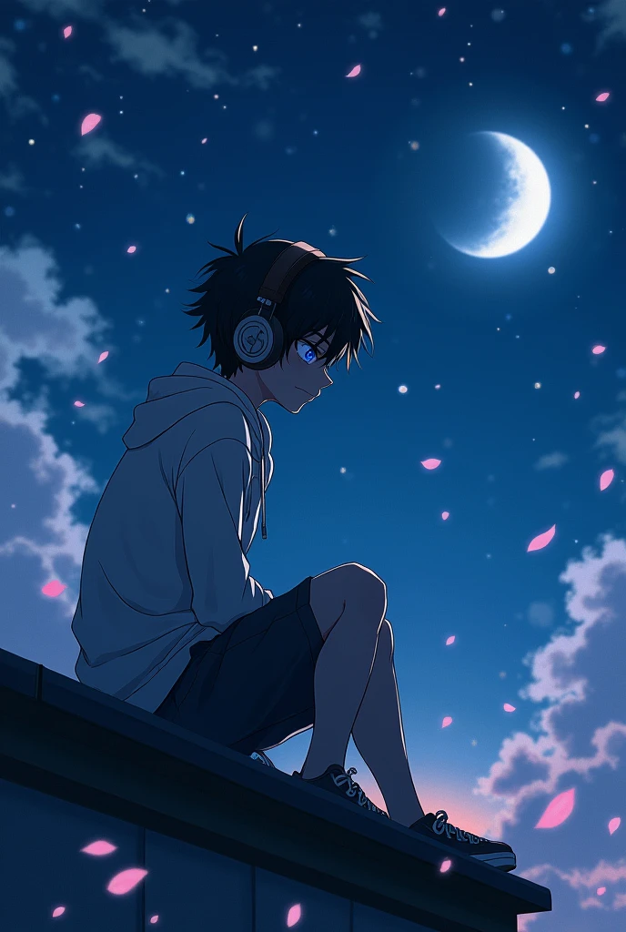 Sad Anime boy Aesthetic Listening Music And See On Sky  With Headphones Pic 
