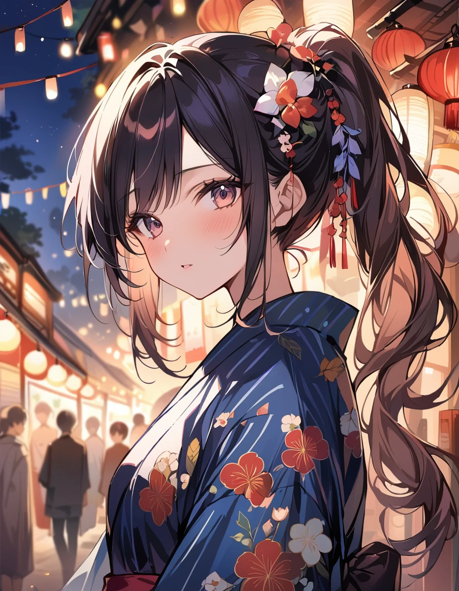 (masterpiece:1.2),(anime),girl、cute、long Hair、ponytail、hair ornaments、Girl wearing yukata,Night stalls、Festivals、summer night、Light production、Beautiful artwork、Detailed drawing、A Scene of Youth,Close-up