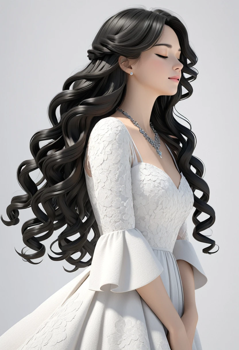 a 3d modeling art of a woman with long curly hair and dress, 1girl, solo, long hair, jewelry, closed eyes, necklace, black hair, simple background, white background, upper body