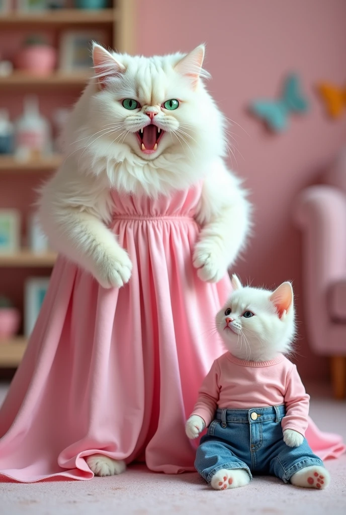 An angry big white cat dressed in pink large Maxie is shouting at a sad little white cat dressed in pink shirt and blue jeans 