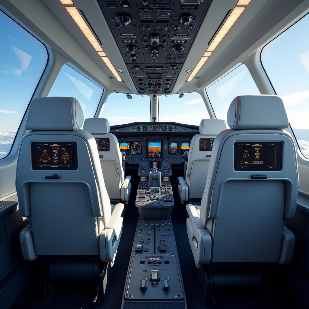 In the cockpit of the aircraft,,Neatly arranged seats,Each seat has a screen on the headrest,Real Effects,No passengers,Can see out the window and back of the seat,Afternoon Effect,Rotate the camera 45 degrees