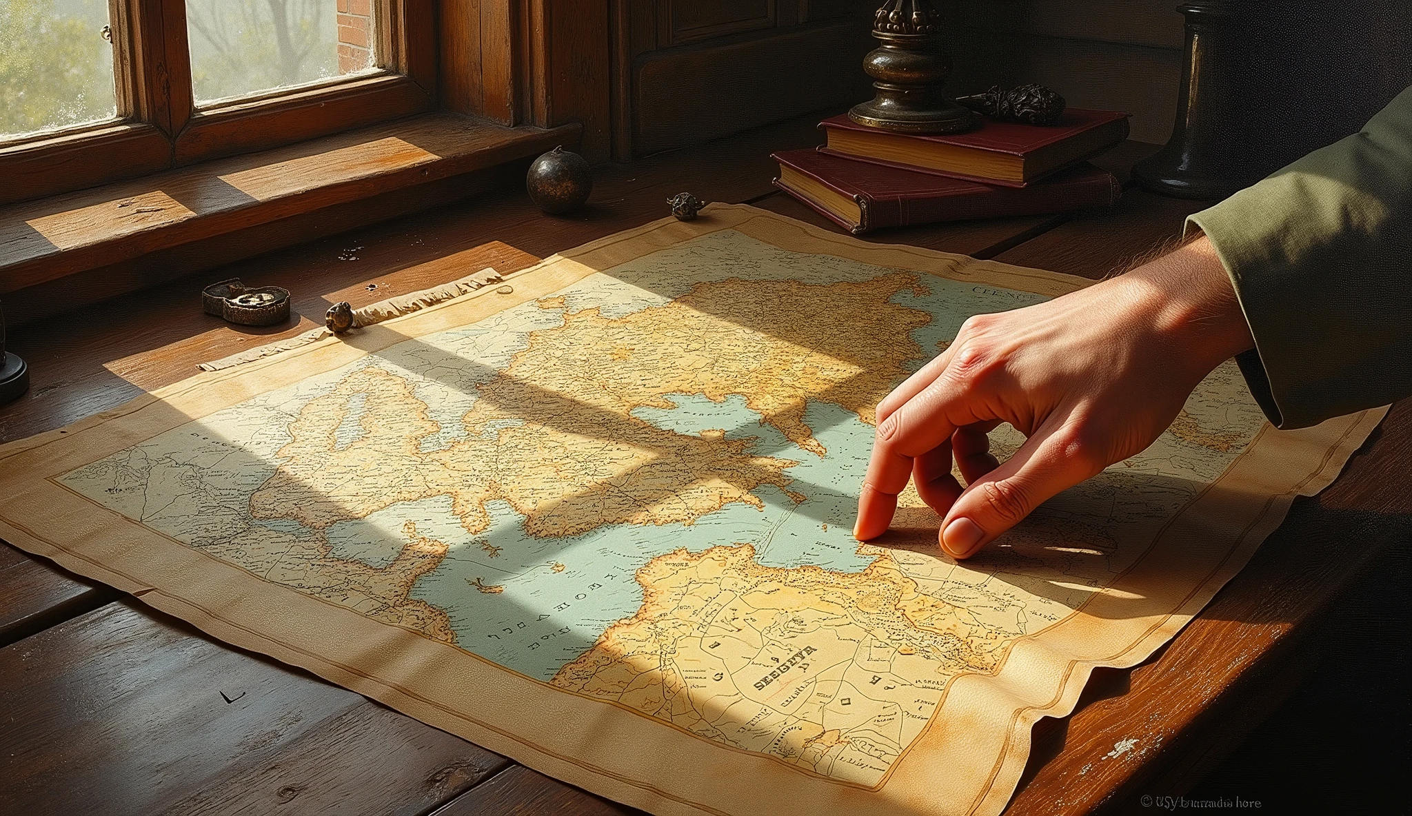 oil painting, Political regional map displayed on table, hand holding map