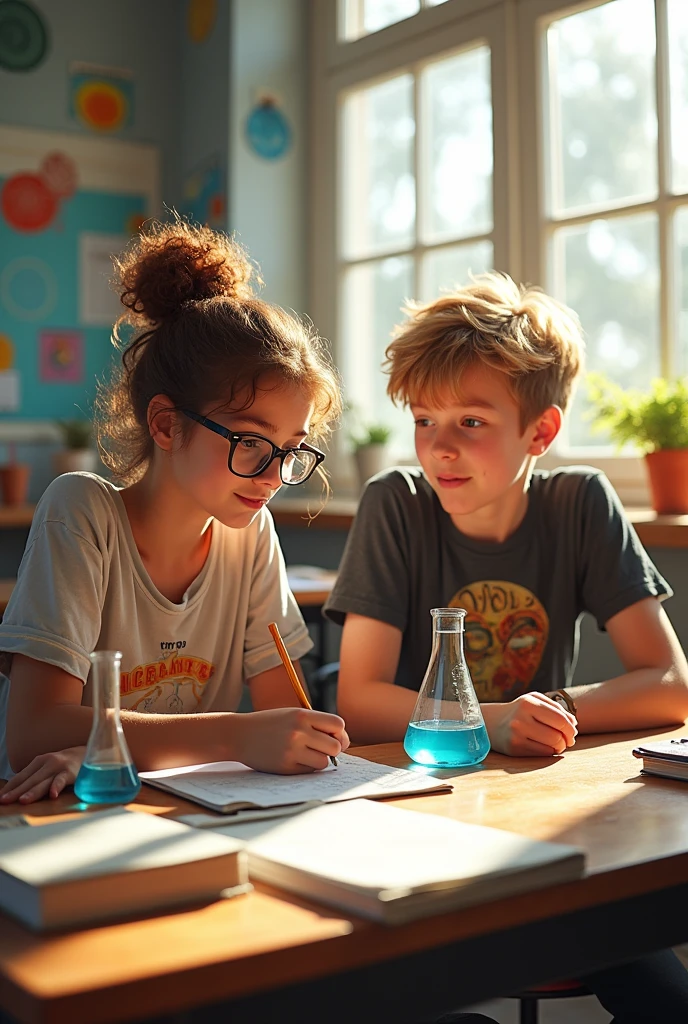 Classroom Setting: two teenage in a classroom, Emma and Liam working on a science project together.