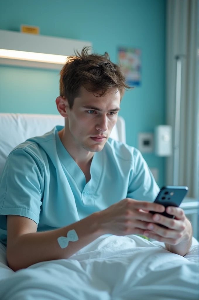 make a realistic photo of a guy in a hospital taking a picture of his hand sending it to his friend. make the photo realistic and android quality