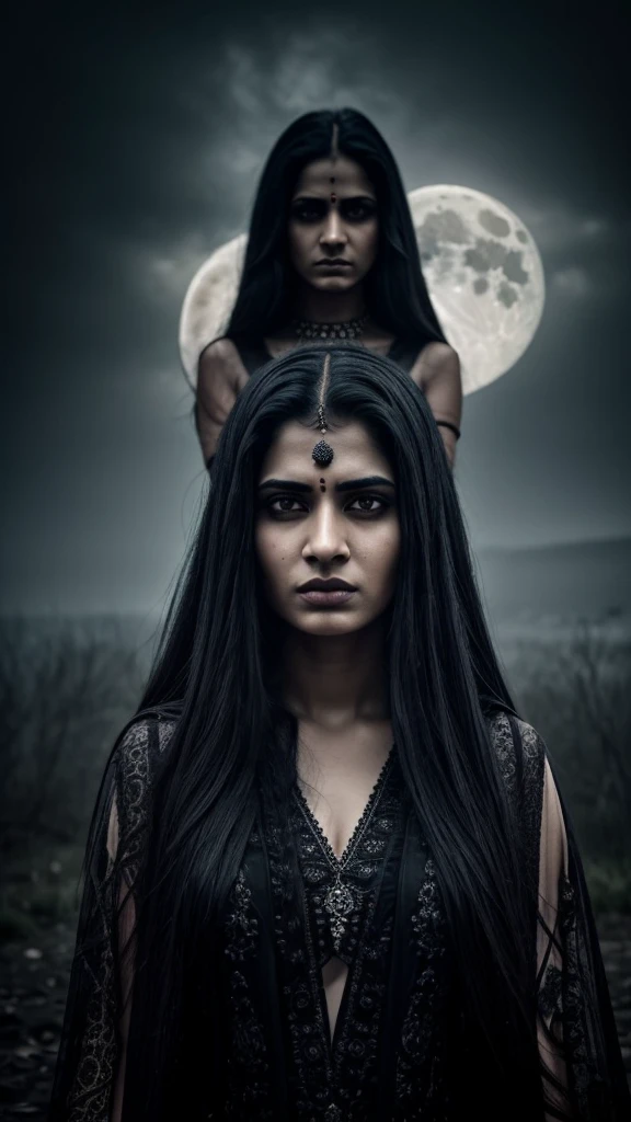 a beautiful indian woman angry ghost, detailed ghost portrait, detailed face and eyes, ghostly pale skin, long black hair, ghostly dress, dark horror room, full moon, dark cloudy sky, fog, moonlight, dramatic lighting, cinematic, dark fantasy, horror, gothic, moody, atmospheric, highly detailed, 8k, photorealistic, chiaroscuro, full body image