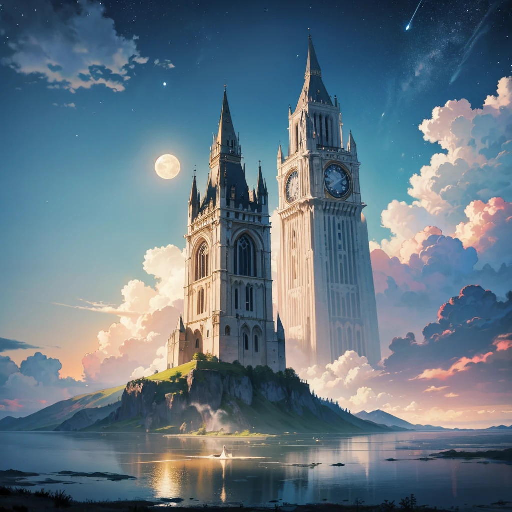 jesus tower, surreal, fantasy world, universe, moon, lake, dark night , clouds, dreamy, mysterious, ultra HD, high quality, 32k, simple plain background, 8k, hd, unreal engine, dreamy, romantic, mysterious, ,