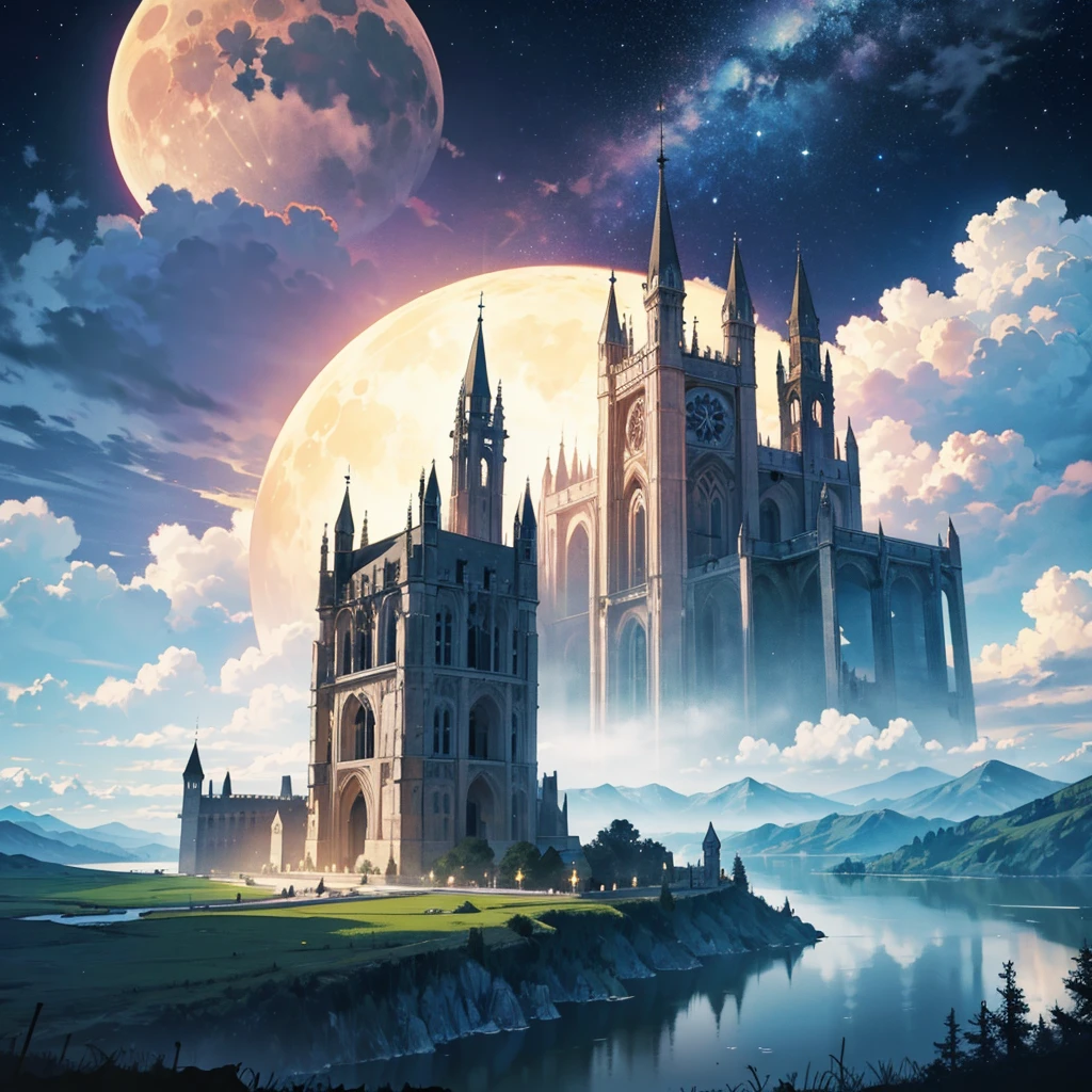 jesus tower, surreal, fantasy world, universe, moon, lake, dark night , clouds, dreamy, mysterious, ultra HD, high quality, 32k, simple plain background, 8k, hd, unreal engine, dreamy, romantic, mysterious, ,