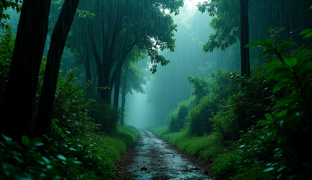 an image of a Vietnamese rural narrow and overgrown trail, bushy, densely wooded with the thunder, so dark, heavy raining, in the style of colorful prisma, erased and obscured, multiple flash, iconic album covers, photography, 50mm