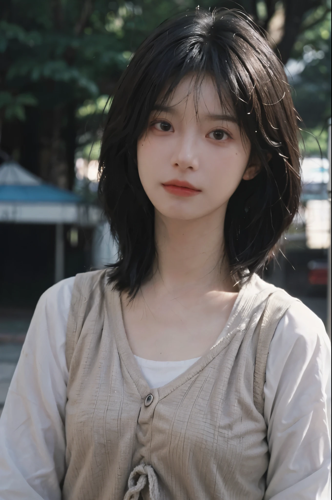 (Skin details:1.4), (smooth skin textures:1.3), Lipstick, background, Direct vision, earrings, Serene, Calm, (Realistic and detailed eyes:1.2), Natural skin texture, Realistic facial details, Soft dramatic lighting, Vivid details, 35 mm film, outdoor, (Photo Practical:1.4), (hyper Practical:1.4), (Practical:1.3), (Smoother lighting:1.05), (Improve lighting quality:0.9), (Highest quality real skin textures:1.4), Exquisite eyes, Delicate face, Close-up of face, (Enhance the beauty of skin texture:1.1), Hair details, Vest,normal body ratio, short hair, Moles under the eyes, thinking, A faint smile,Outdoor background,Portrait Photography, Depth of Field, bokeh, Surrealism, Ray Tracing, (Portrait Photography:1.1), Surrealism, High Detail, clair obscur, Ray Tracing, reflected light, ultra HD, ultra HD, masterpiece, Textured Skin, Super Detail, High Detail, high quality, best quality