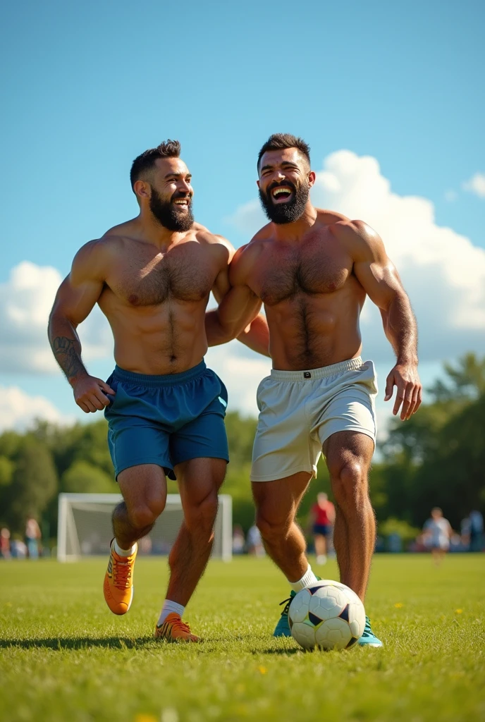 two hairy, muscular, shirtless soccer shorts wearing friends