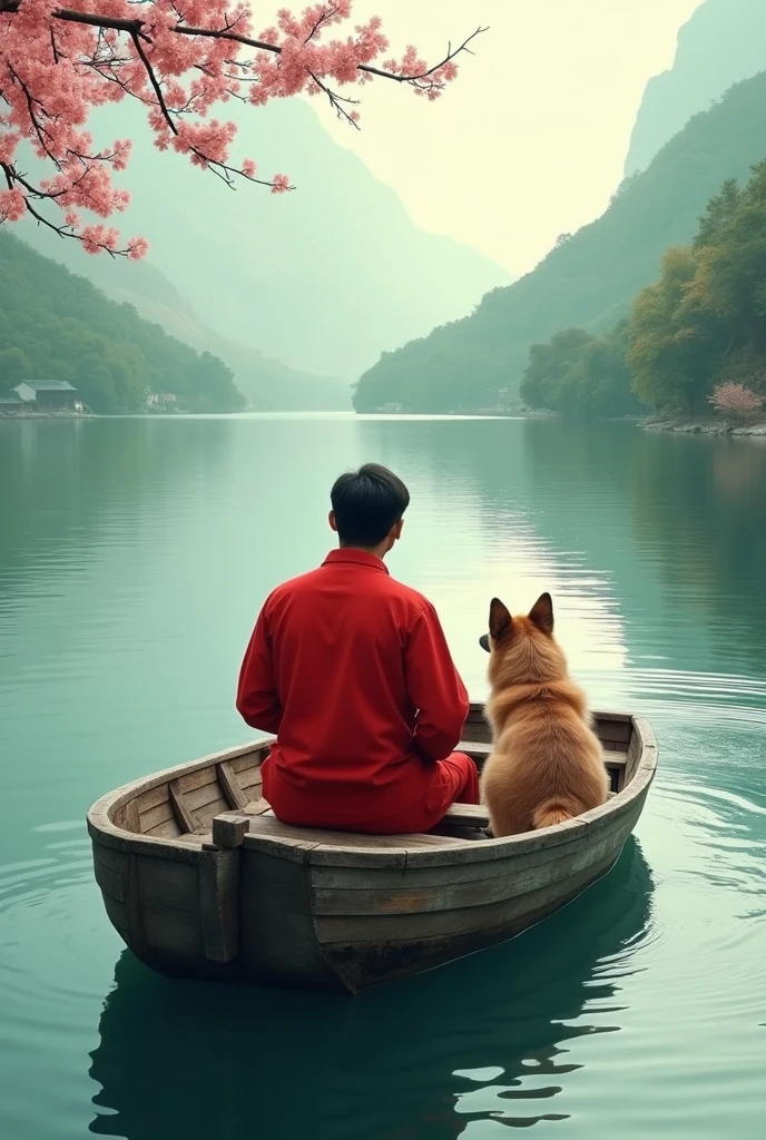 A man in red clothes sits in a boat on the lake，There is a dog next to it。, Fanhao Photography, author：Wu Wei, Pan Tianshou, by Cheng Jiasui, by Xia Yong, by Xie Shichen, author：Shen Quan, author：Yoshikatsu, author：Xu Xi, author Shang Xi, author：Shi Rui, by Zheng Xie, by Jiang Tingxi