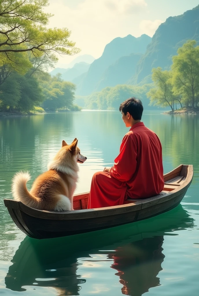 A man in red clothes sits in a boat on the lake，There is a dog next to it。, Fanhao Photography, author：Wu Wei, Pan Tianshou, by Cheng Jiasui, by Xia Yong, by Xie Shichen, author：Shen Quan, author：Yoshikatsu, author：Xu Xi, author Shang Xi, author：Shi Rui, by Zheng Xie, by Jiang Tingxi