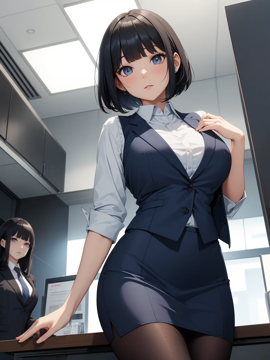 Highest quality, flying debris、Beautiful woman、office lady、Black Hair、(Dark blue eyes、Blunt bangs、Blunt bangs)、short hair、Dark blue checked office suit)、new employee,whole bodyショット、Female office lady、break(Dark blue checked vest、White dress shirt、Navy blue long tight pencil skirt:1.2)、(black tights、High heels)、break(Night view:1.3)、(((whole body))),Big Breasts 、break(Looking up from below)