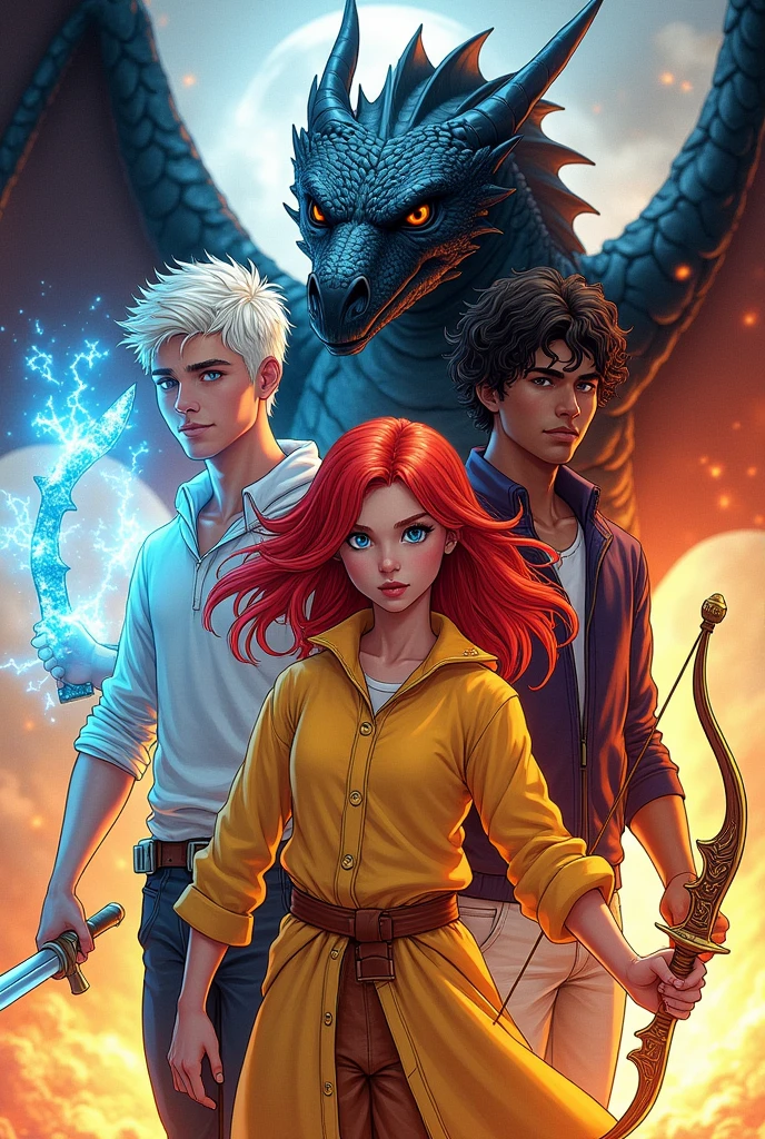 create comic book image: a group of four friends, a white-haired boy with ice powers, a blonde girl with yellow powers, a red-haired girl with a bow and arrow, a boy with curly Chanel hair with a sword, and a black dragon on top of his head.