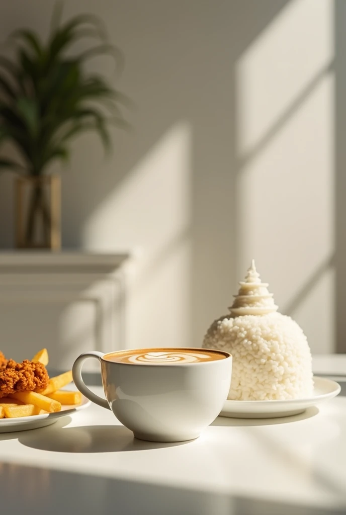 A minimalist style cafe,With bokeh background,There is a cup of latte coffee in an all white matte ceramic cup on the table,Next to it is a plate of Taiwanese delicacy salty crispy chicken.french fries.There is a nine-story pagoda written on the rice(Place flat on the table),Background blur,Fresh and bright light and shadow,Feel comfortable and warm,And there are gradient blur and fresh and bright light and shadow。