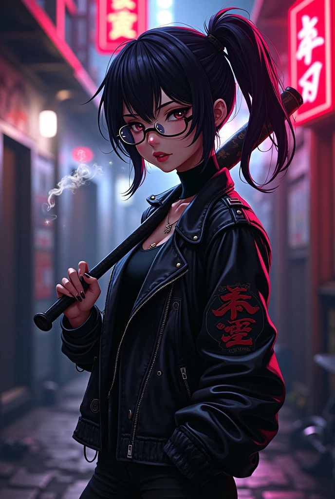 anime girl yakuza leader glasses smoking and baseball bat