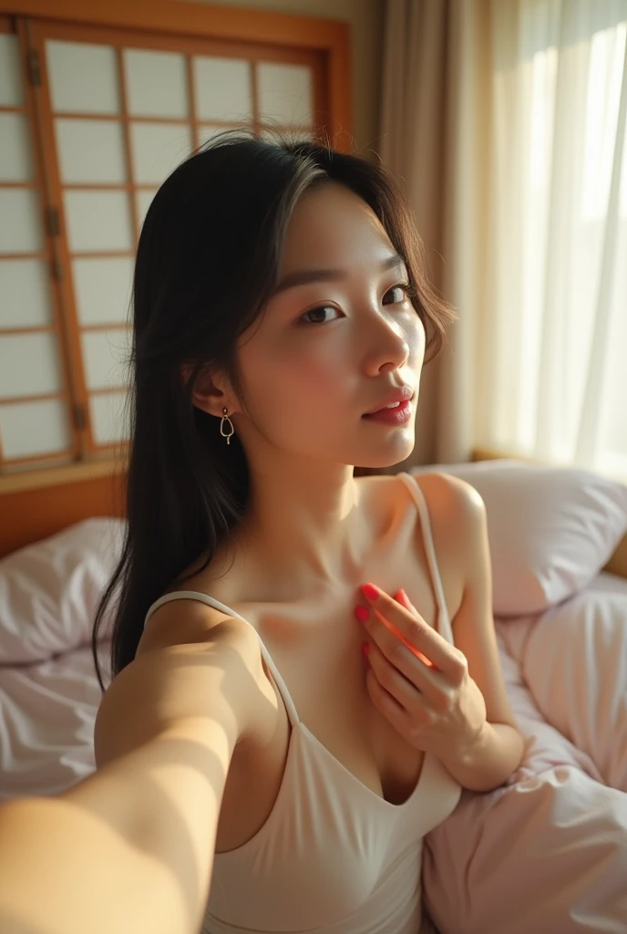 A beautiful black-haired girl touches her nipples、Japanese、Private room、bed、Selfie