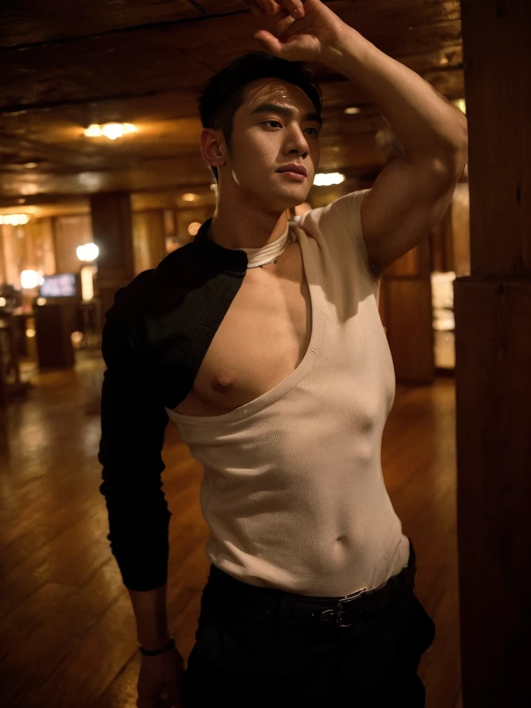 Body Su 1t, photore (Korean male) wearing bodysuit, huge muscle，See-through, Underground nightclub, Dancing, Facial hair, Realistic, Masterpiece, Intricate details, Detailed background, Depth of field,（（（The crotch is raised）））