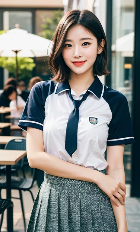 (a cute girl with short bob hair or ponytail, wearing a university student uniform, relaxing in an outdoor cafe, hands on hip, wearing fishnet tights and loafers, with white shirt and a pleated skirt, kind smile, beautiful detailed eyes, beautiful detailed face, long eyelashes, beautiful detailed lips, dimpled cheeks, ample bosom, masterpiece, photo-realistic, ultra-detailed, 8k, high resolution portrait illustration, natural colors, bokeh night background, SFW, )