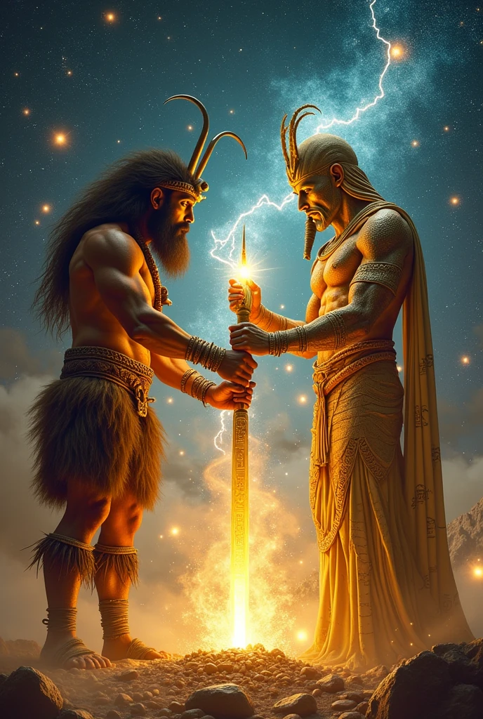 Paleolithic age god and Egyptian god creating a weapon using their cosmic energy