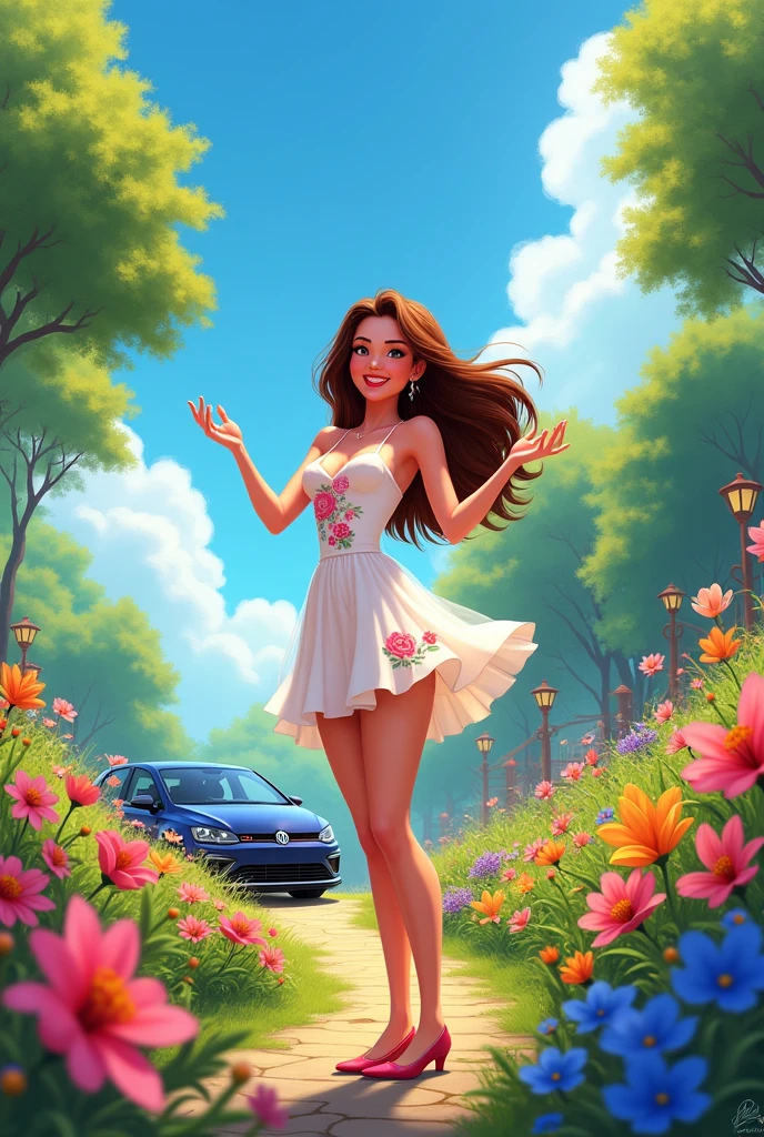 Generate a Disney-style image showing a garden with a naked woman showing her hands and smiling., has a car behind the CUPRA brand