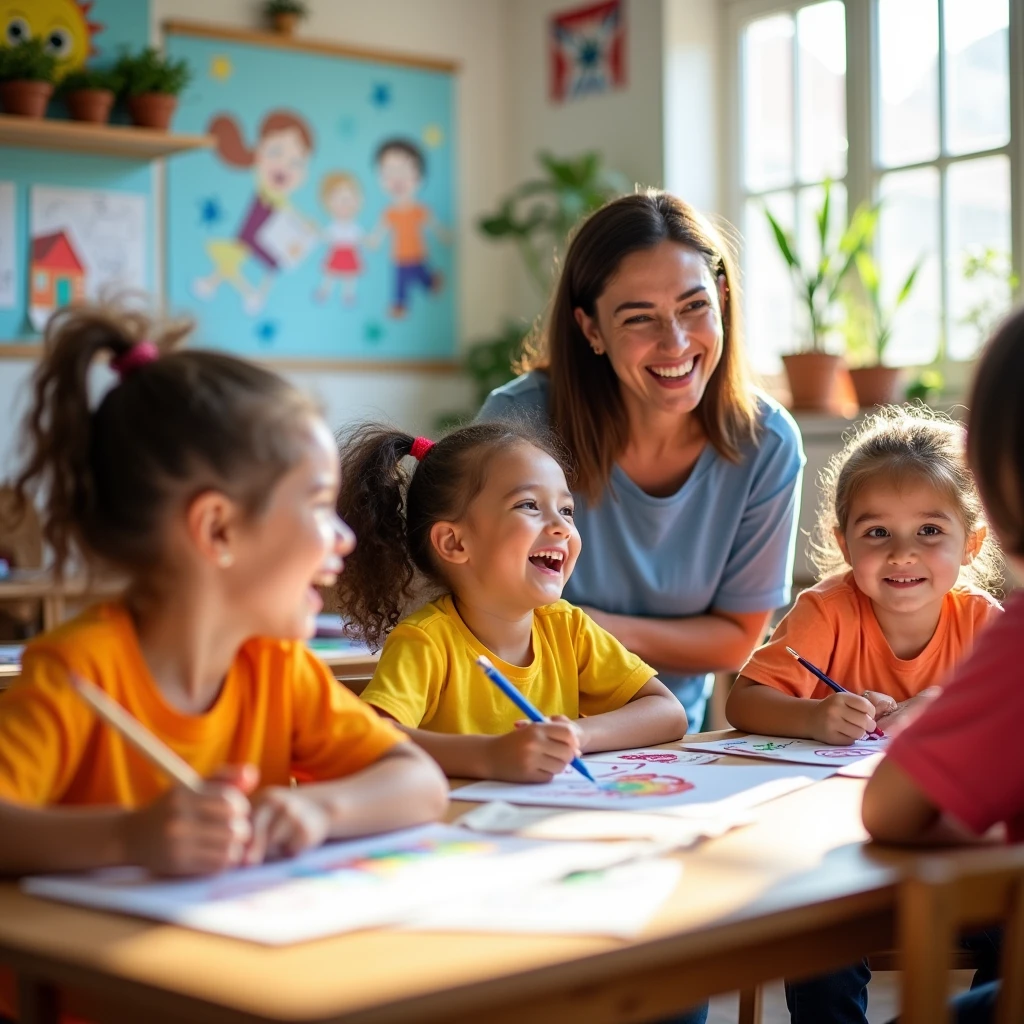 cheerful white ren in bright t-shirts draw pictures with teacher in classroom