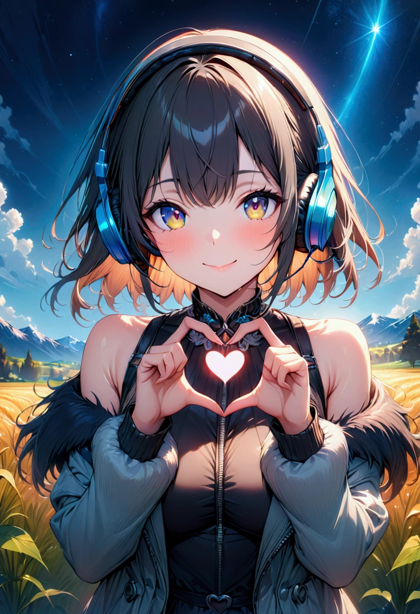 beautiful girl,headphone, smile,Cinema Lighting, (masterpiece:1.2), 最high quality, high quality, High resolution, (Super detailed), Detailed Background, One person,field,Bright sky,looking at the camera,Making a Heart with Fingers,Daytime,